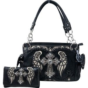 Western Handbag Rhinestone Cross Angelic Wings Concealed Carry Purse and Wallet